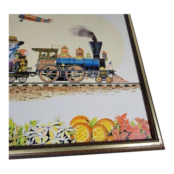 Baby Nursery Canvas Painting Teddy Bear Old Time Train Signed R. Smith Vintage - Picture 3 of 8